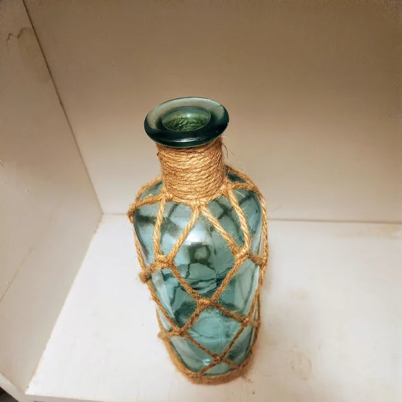 Decorative Blue Glass Bottle with Twine Netting - Picture 2 of 2